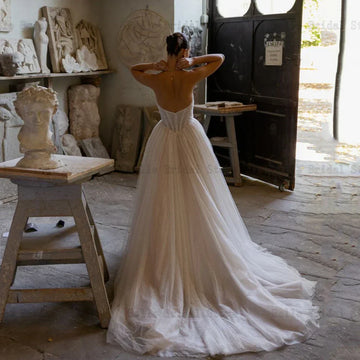 Simple Ivory Wedding Dresses Sweetheart Neck Detachable Sleeves A-Line Bridal Growns Pleat Sweep Train свадебное платье