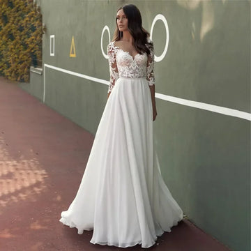 Flavinke Customized Lace Wedding Dresses 2026 Women Chiffon Boho Appliques Bridal Gowns Half Sleeve Beach Vestidos De Novia