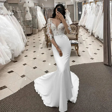 Sexy V Neck Mermaid Wedding Dress For Woman Lace Long Sleeves Appliques Detachable Tulle Train Bridal Grown Robe De Mariée