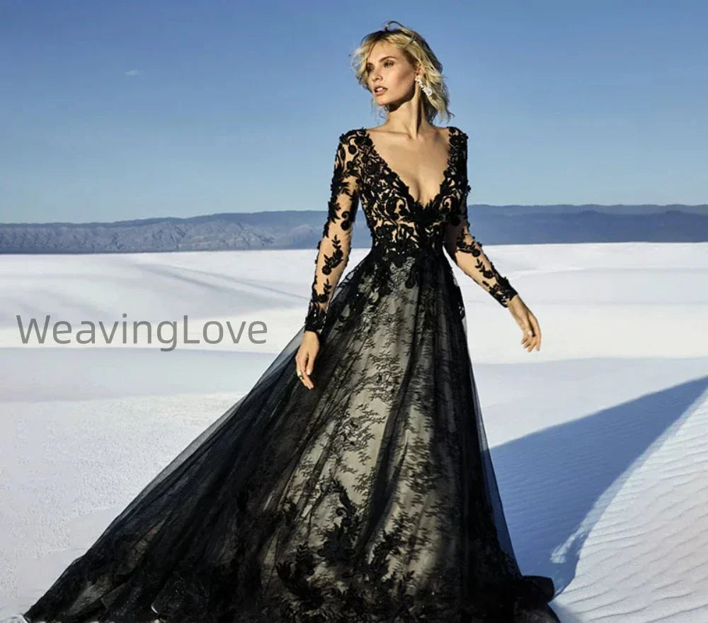 Black Sexy V Neck Lace Appliqued Long Sleeves Tulle Wedding Dresses Sweep Bridal Gown Customized Vestido de noiva For Women