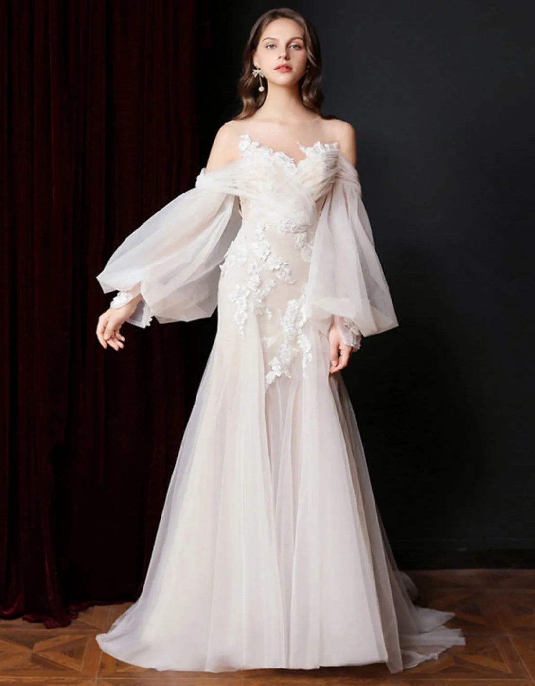 Elegant princess wedding dress 2026 sheer neck long puffy sleeves lace appliques bridal gown