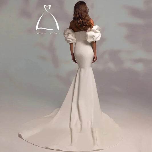 Chic Sweetheart Mermaid Wedding Dress Short Puff Sleeves Classic Satin Open Back with Sweep Train Bridal Custom Made Gowns
