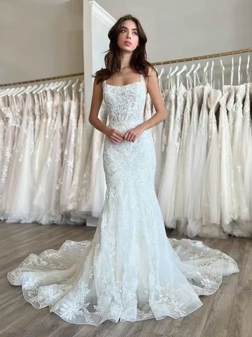 Customized Lace Mermaid Wedding Dresses Square Collar Sleeveless Bridal Gowns Beading Applique Vestidos de novia