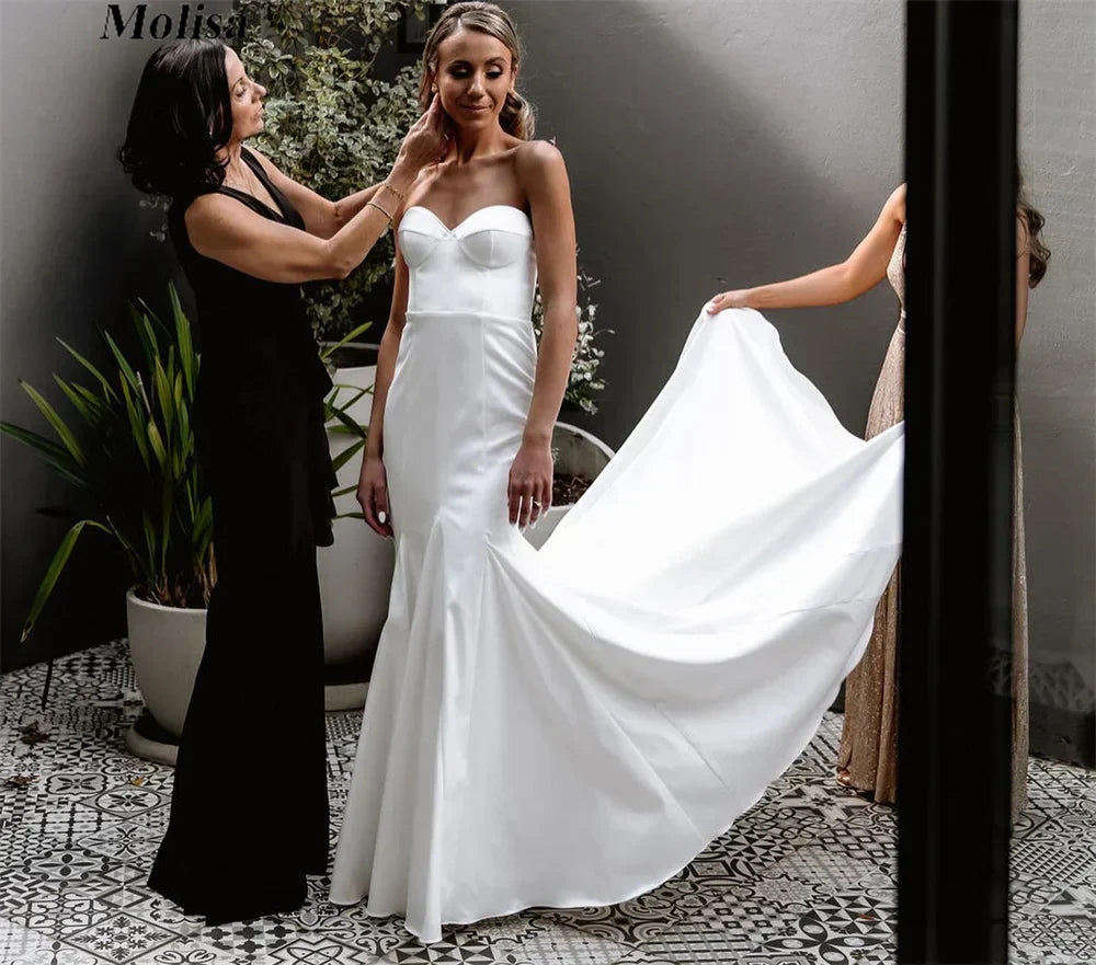 Satin strapless sleeveless sweetheart floor length country bridal gown back view