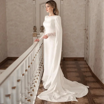 Flavinke Customized Ivory O-Neck Muslim Wedding Dresses Applique Lace Full Brush Train Floor Length Bride Dress robe de mariée