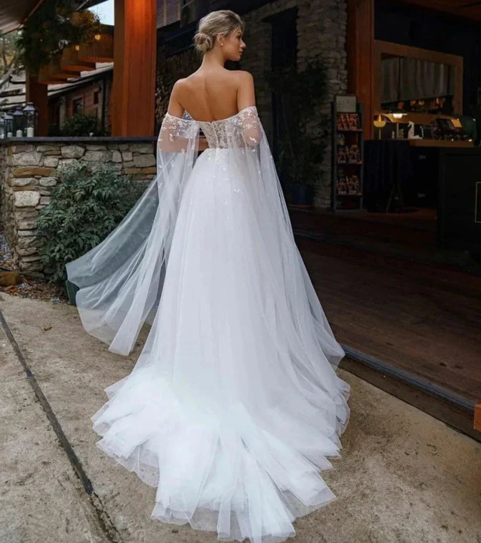 Ivory Princess Wedding Dresses With Cape Tulle Backless Sexy Boho Bride Gowns Vestidos de novia Party