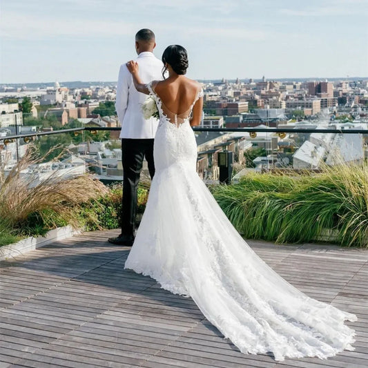 Elegant Long Jewel Neck Wedding Dresses Mermaid Tulle Buttons Back Court Train Vestidos de Novia Abendkleider Bridal Dresses