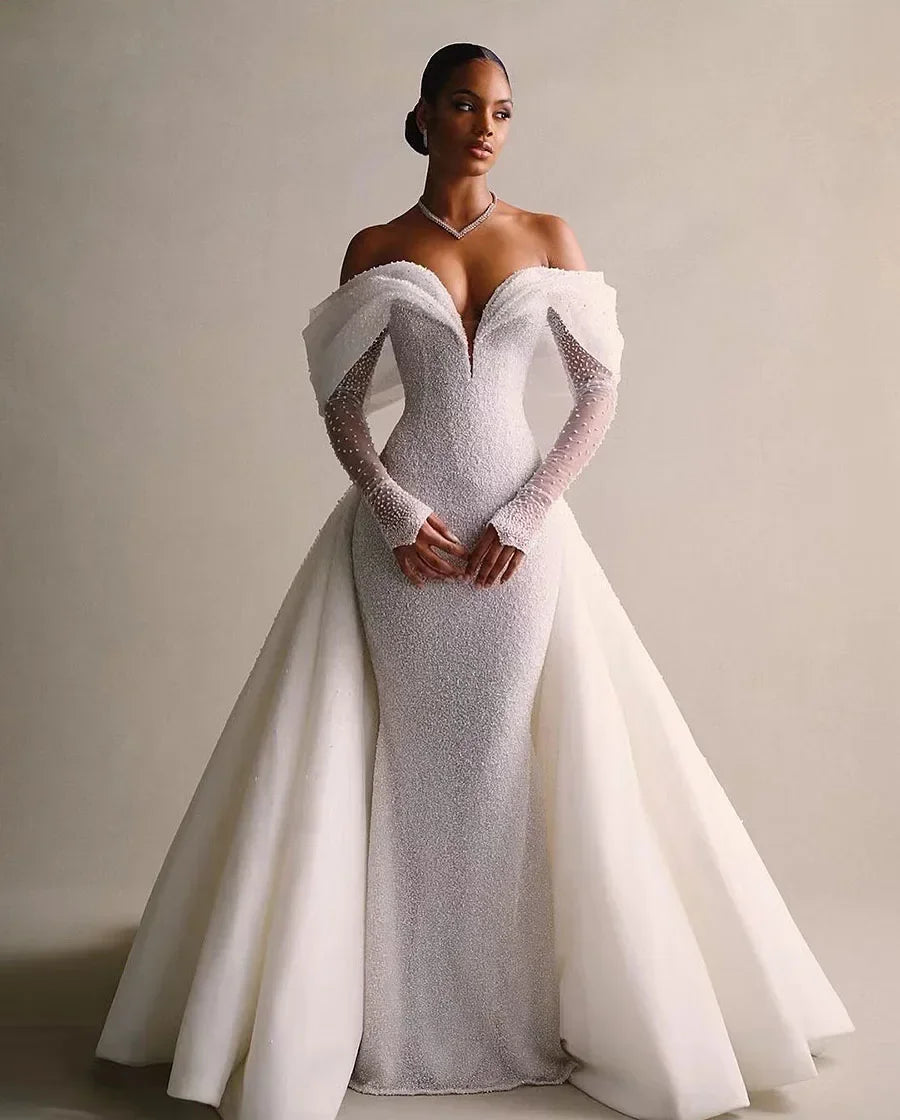 Luxury detachable 2-in-1 train wedding dress lace sequins V-neck full sleeve vintage mermaid