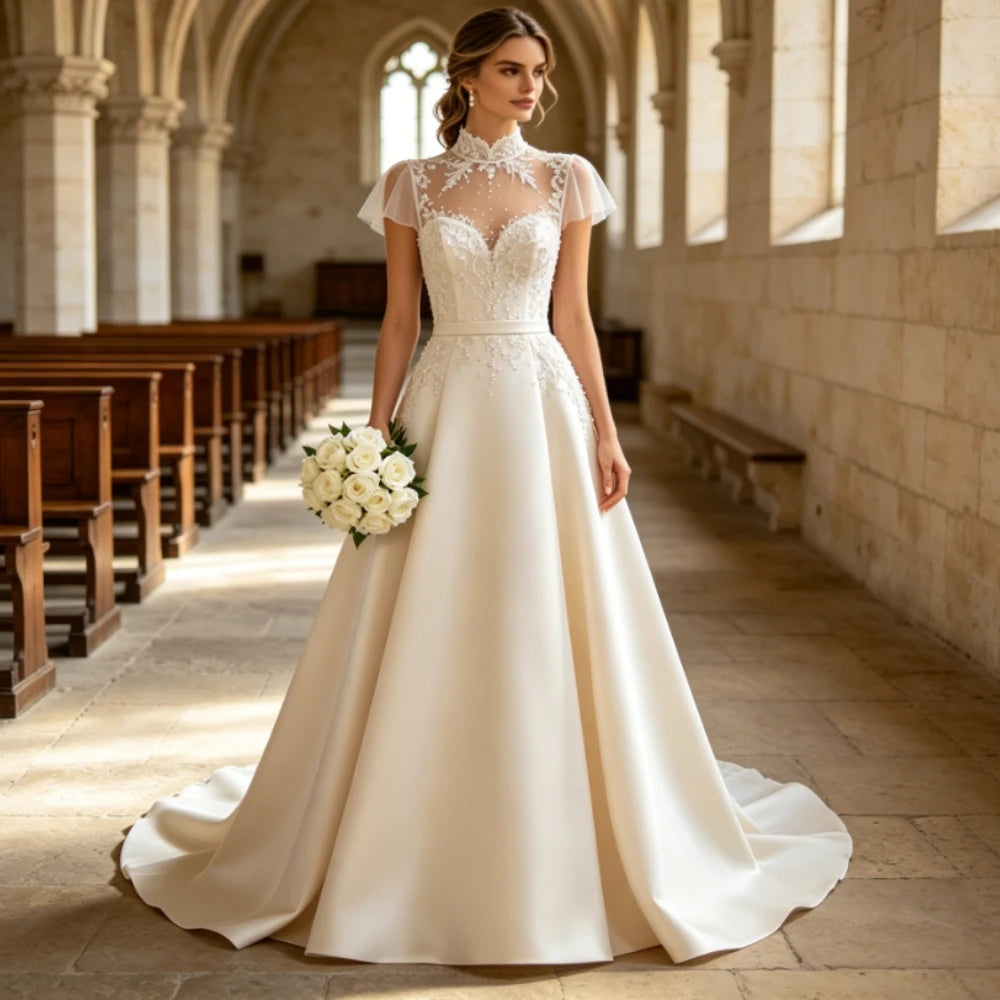 High neck pearl pleat short sleeve wedding dress – front view – Snowy Bridal