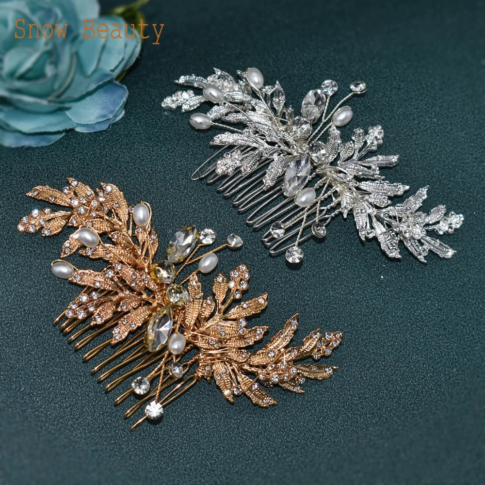 A83 Alloy Leaves Golden Bridal Comb Wedding Hair Accessories Pearl Wedding Headpiece Crystal Rhinestones Hair Clips Women Tiara