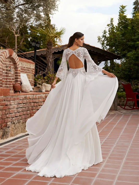 Customized Boho Seaside Beach High Slit Wedding Dress Chiffon Long Batwing Sleeve Deep V-Neck Hollow Back Plus Size Bridal Gown