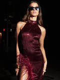 Sexy feather halter wine red sleeveless backless sequin high slit maxi long celebrity evening dress close-up