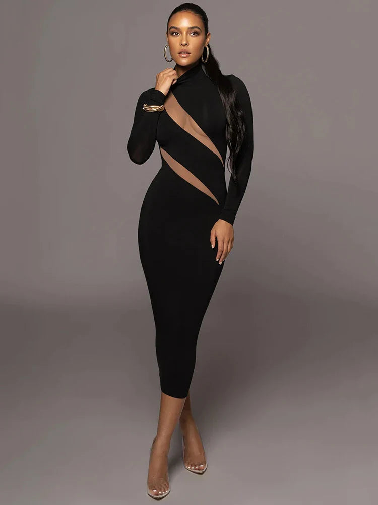 Elegant long sleeve bodycon maxi dress women autumn winter half high collar sexy party club