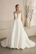 2026 V-neck spaghetti strap sleeveless soft satin simple A-line princess wedding dress bridal gown ivory