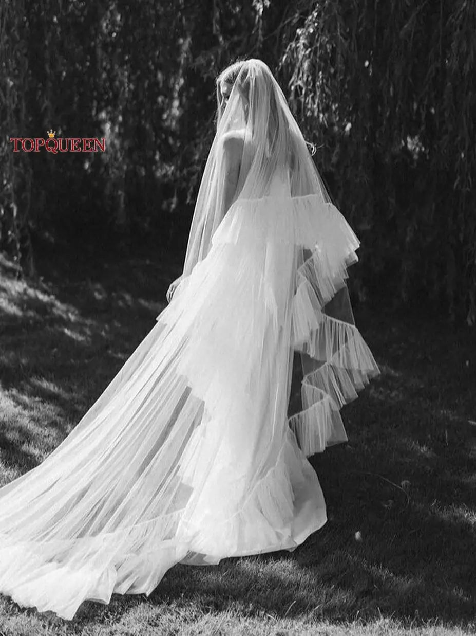 TOPQUEEN V117 Romantic Wedding Veil 2 layers Bridal Veils Cover Face Long Veu Bride 5 Meters Cathedral Drop Veil Pure White VEIL