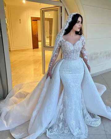 CustomizedMermaid Wedding Dress Lace Embroidery 2 in 1 Strapless Neckline Full Sleeves Elegant Bride Dress Vestidos De Novia