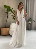 I OD Elegant A-Line Wedding Dress 2024 Sexy V-neck Sash With Sequins Backless Regular Straps Chiffon Bridal Gowns Robe De Mariee WHITE