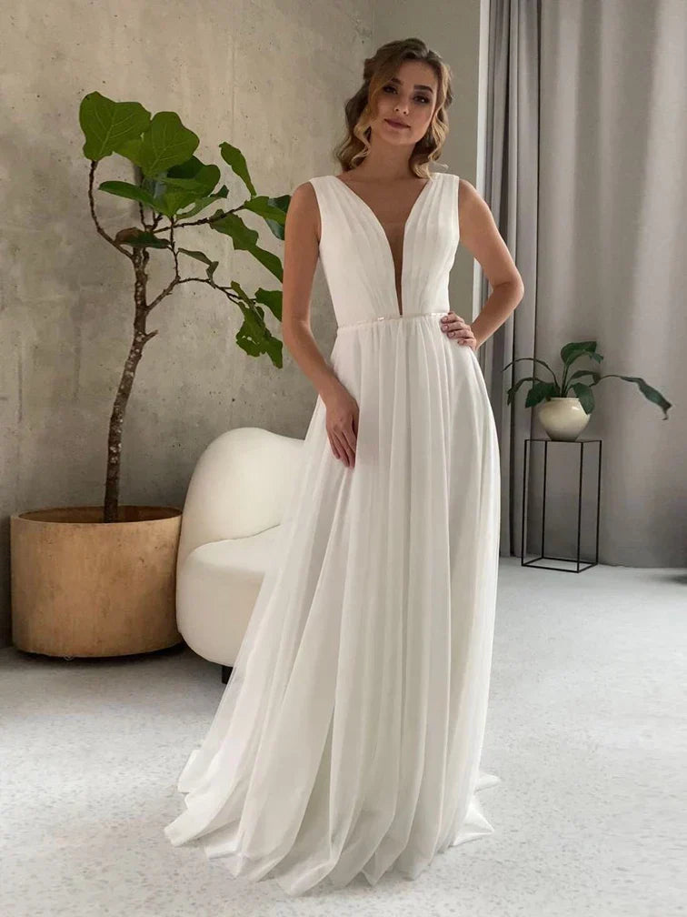 I OD Elegant A-Line Wedding Dress 2024 Sexy V-neck Sash With Sequins Backless Regular Straps Chiffon Bridal Gowns Robe De Mariee WHITE