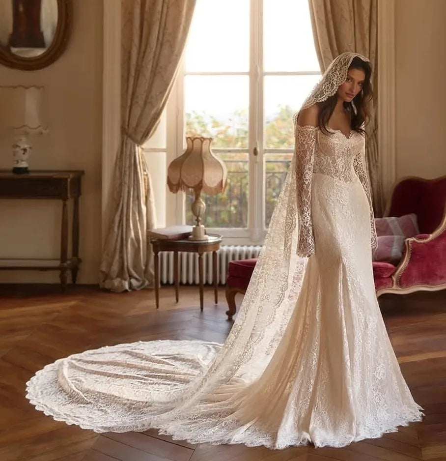 Classic mermaid wedding dress 2026 off-the-shoulder long sleeves full lace sexy boho bridal gown
