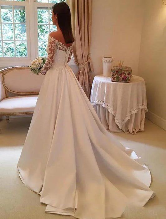 VENSANAC Off the Shoulder Satin A Line Wedding Dress V Neck Lace Appliques Long Sleeve Sweep Train Bridal Gowns