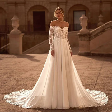 Luxury Wedding Dresses Vintage Lace Appliques Off Shoulder Long Sleeves Bride Dress Women Boho Bridal Gowns Customized