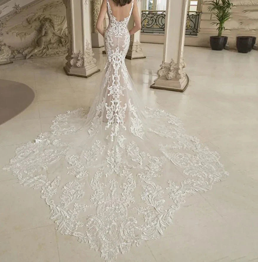Deep V-Neck Wedding Dresses Lace Appliques Sleeveless Sexy Mermaid Bride Gown Backless Zipper Train Vestidos De Noiva