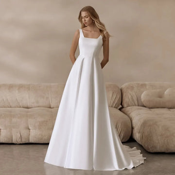 Customized Simple Wedding Dress Square Neck A Line Elegant White Bridal Gown Sleeveless Floor Length Brides Party Gown
