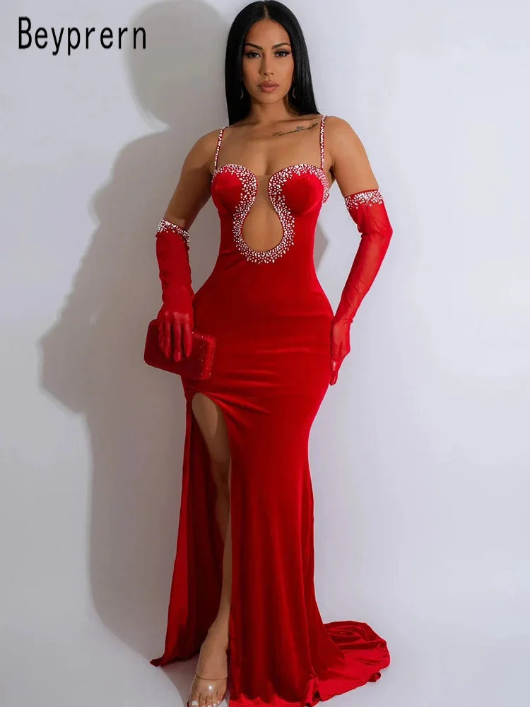 Sparkle velvet diamonds luxury heartbeat maxi celebrities evening dress gown glove women side view