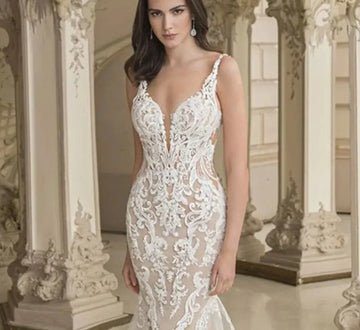 Deep V-Neck Wedding Dresses Lace Appliques Sleeveless Sexy Mermaid Bride Gown Backless Zipper Train Vestidos De Noiva
