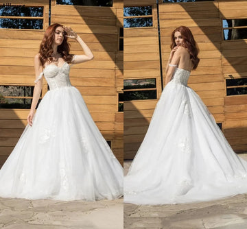 Fashion lace A-Line Wedding dress Sexy off-the-shoulder bridal dress Sweep train open back Romantic tulle reception party dress