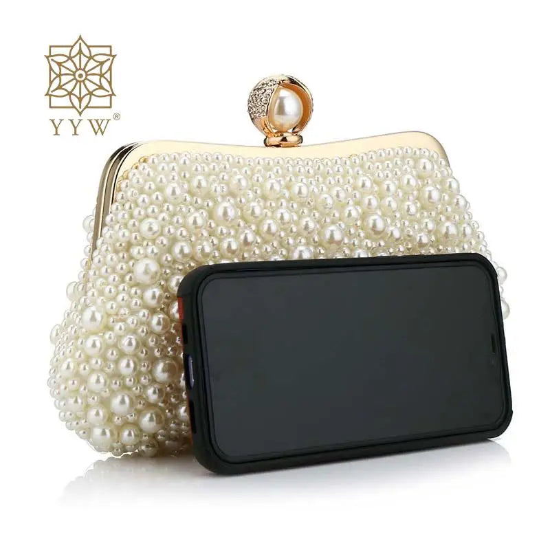 Elegant Pearl Clutch Evening Handbags for Women Diamond Cutch Purse White Pearl Messenger Bags Chain Shoulder Wedding Party Bags