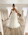Plus size off-shoulder gorgeous A-line lace appliques zip back bridal gown wedding dress close-up