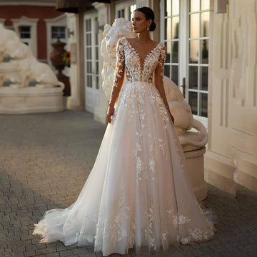 Romantic V-Neck Long Sleeve A-Line Wedding Dress Sexy Backless Appliques Illusion Tulle Boho Princess Bridal Gown Customized