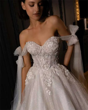 Shiny Glitter Tulle Wedding Dresses Vintage Boho Bride Dress Lace Beads off Shoulder Princess Wedding Gowns Casamento