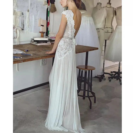 VENSANAC Boho Crystal Sash V Neck A Line Wedding Dress Lace Appliques See Through Back Sweep Train Bridal Gown