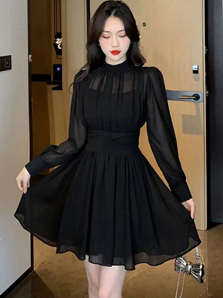 Women Korean Vintage Hepburn Dress Black Chiffon Long Sleeve Midi Dress Spring Summer Elegant Luxury Party Evening Dresses