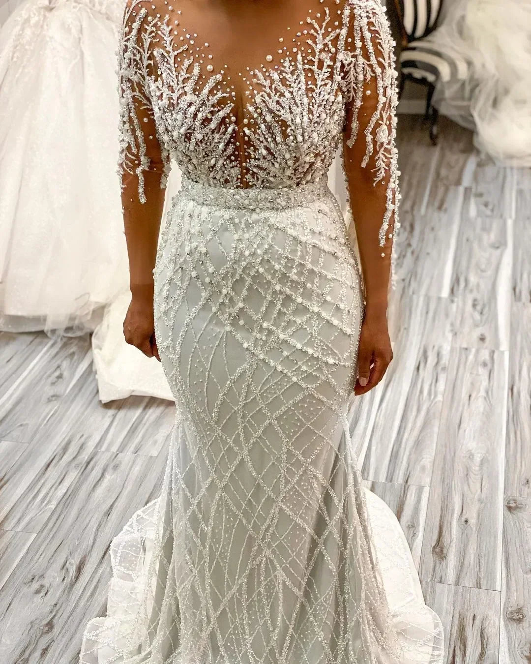 Long Sleeves Vestidos De Novia African Heavy Handwork Sequins Beads Plus Size  Two in One Wedding Dresses With Detachable Train