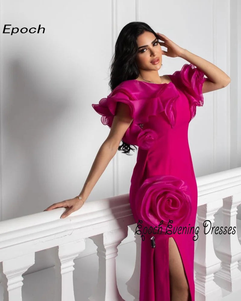 Epoch Evening Dress New Arabia Straight Elegant O-Neck Luxury 3D Flowers High Split Ankle-Length Women Sexy Prom Gown