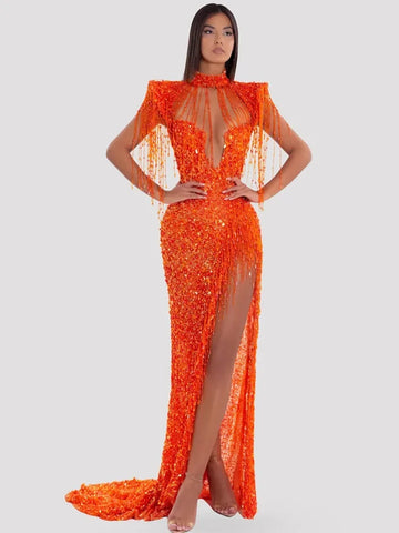 STOCK Luxury Sexy Tassel Sequins Split Orange MaxiDress Elegant Party Evening Stage Performance Dress Costume Vestido