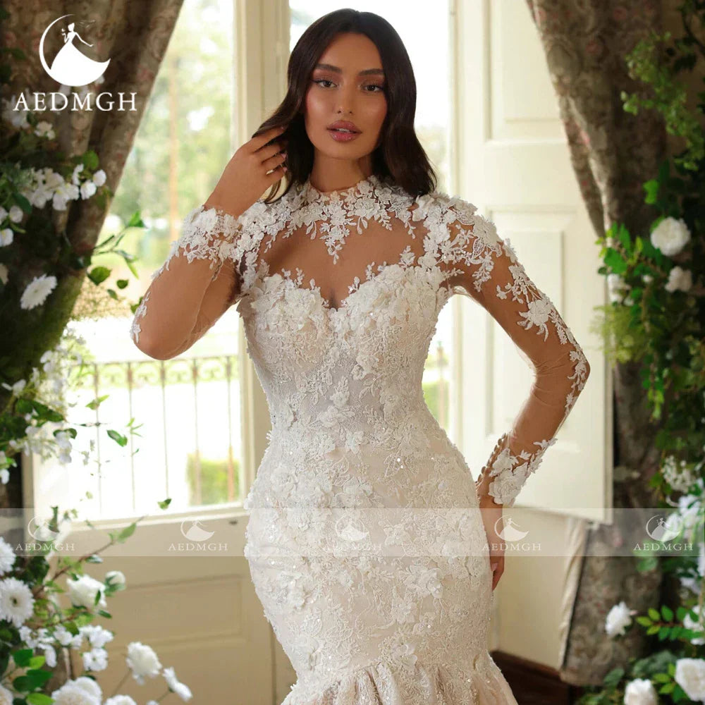 Mermaid Wedding Dresses High Neck Long Sleeve Elegant Vestido De Novia Appliques Court Train Sheath Robe De Mariee