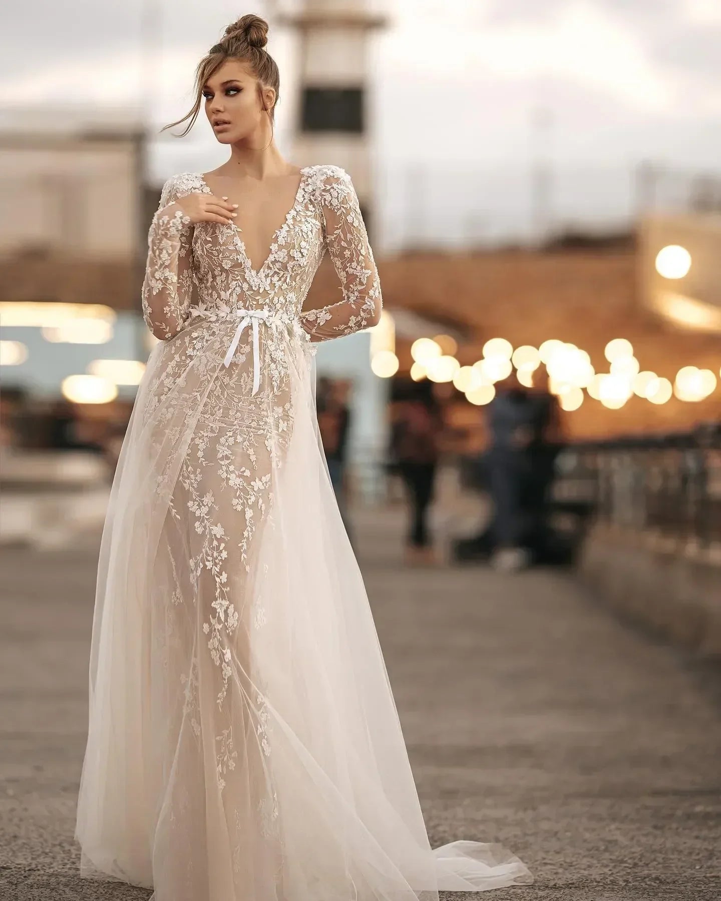 Luxury A-line V-neck long sleeve halterback beach outdoor elegant bridal dress front view