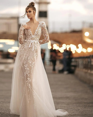Luxury A-line V-neck long sleeve halterback beach outdoor elegant bridal dress front view