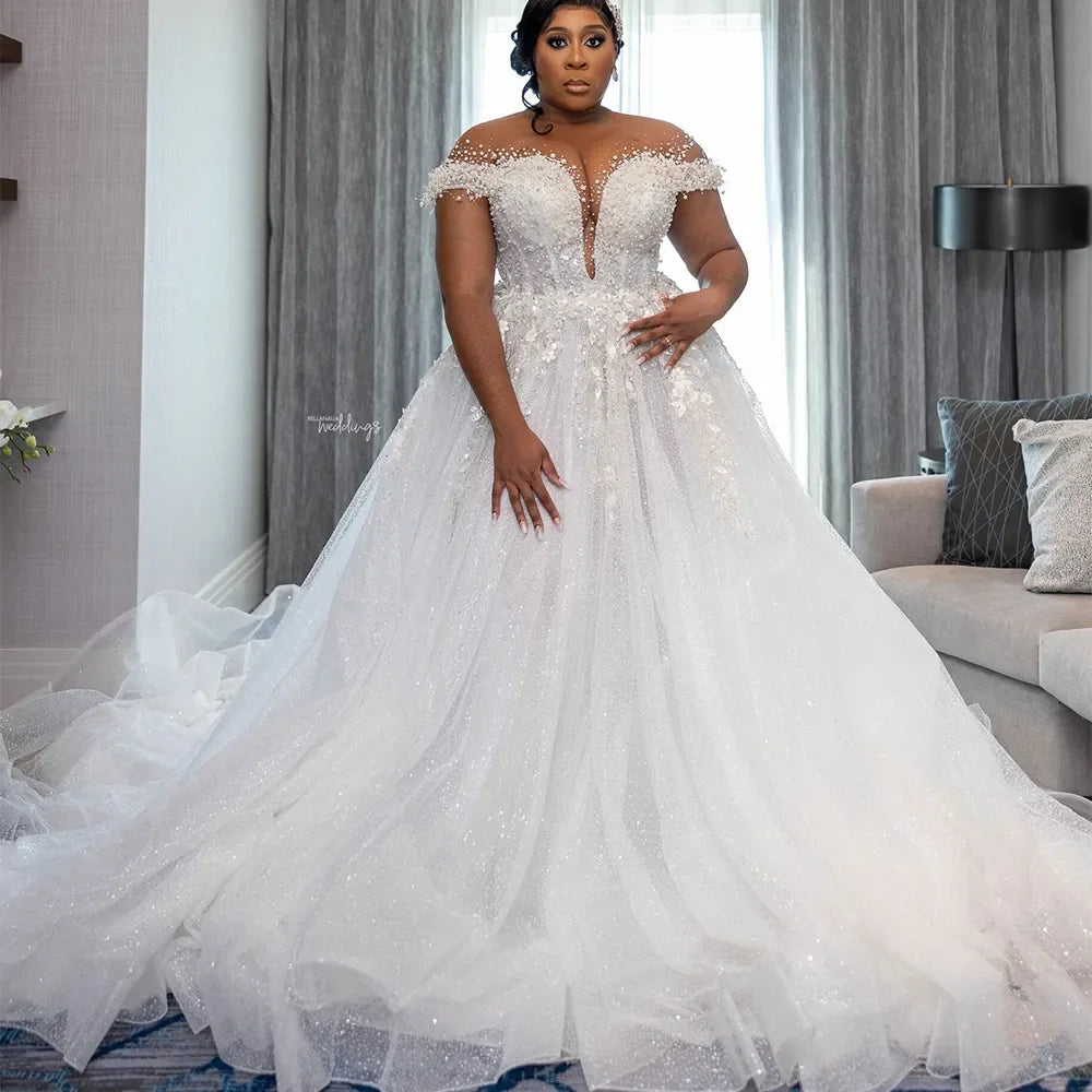 Customized Africa Wedding Dresses for Bride Sheer Neck Lace up Back Sexy Beads Sequins Plus Size Women Garden Bridal Gowns