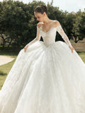 Off-shoulder long sleeve A-line lace wedding dress – detail view – Snowy Bridal