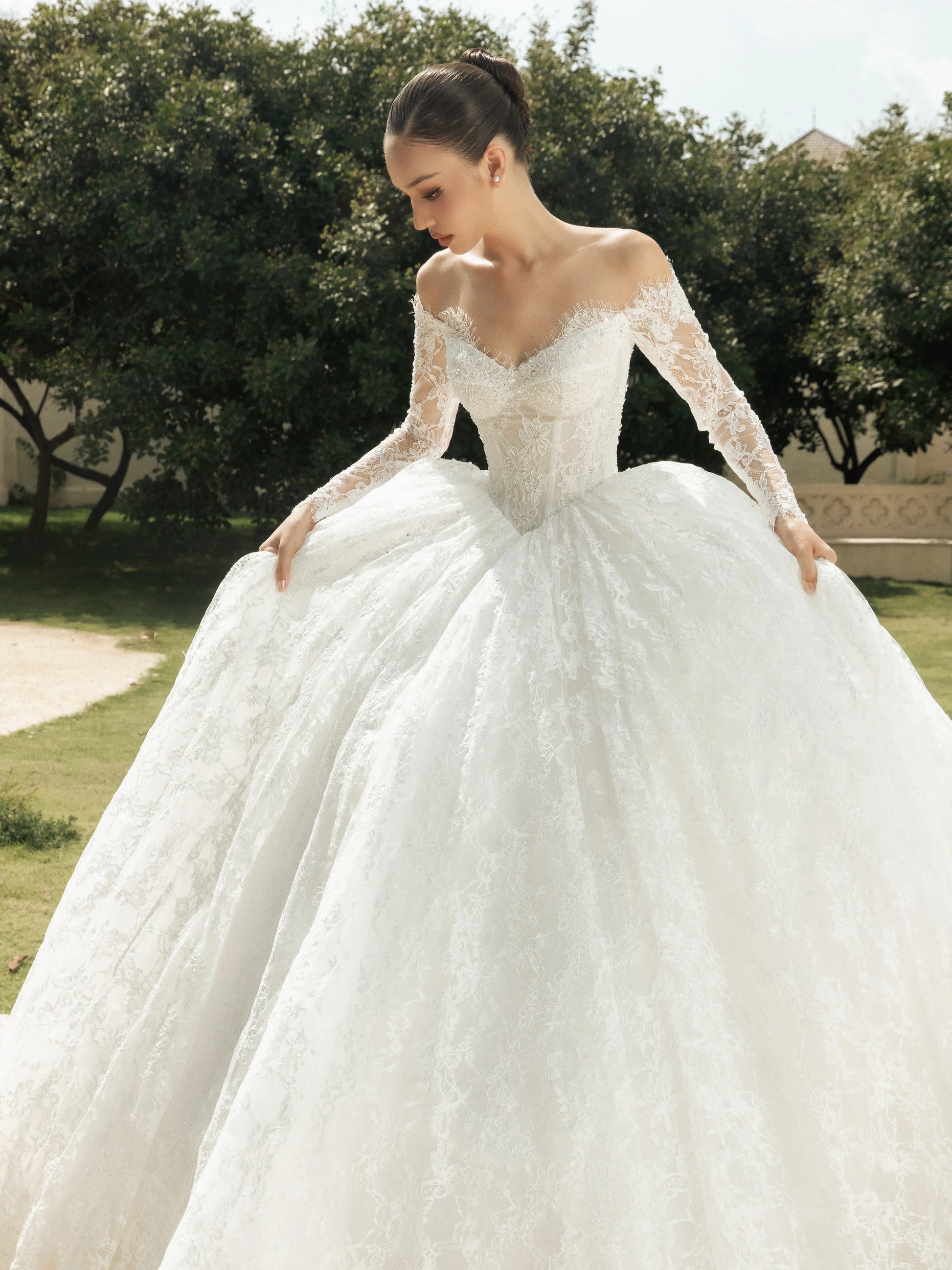 Off-shoulder long sleeve A-line lace wedding dress – detail view – Snowy Bridal