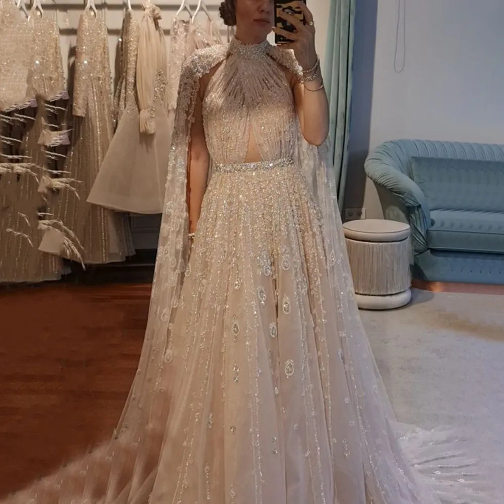 Luxury Evening Dress with Cape Sleeve Elegant Long Arabic Formal Dresses for Women Wedding Party SS495