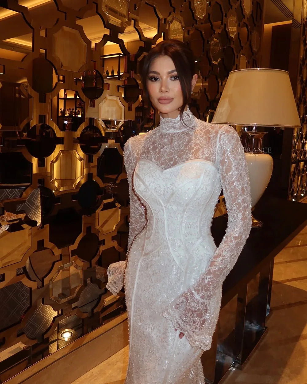 Customized Lace Mermaid Wedding Dress Long Sleeve High Neck Corset Bridal Gown Elegant Sparkling Bride Dress for Women