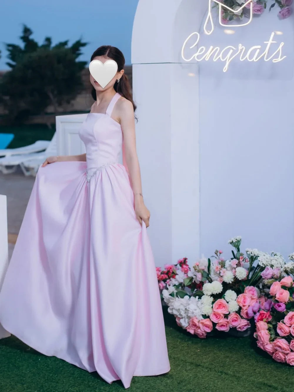 Pink Satin A-Line Evening Dresses Women's Halter Beaded Prom Gown Formal Guest Dress Birthday Party Dress Customized