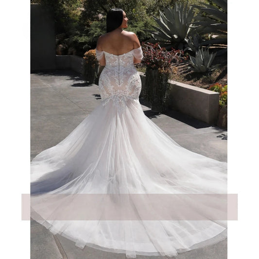 Off the Shoulder V-Neck Vestidos De Novia Customized Elegant Tulle Mermaid Wedding Dresses Appliques Vestido De Noiva