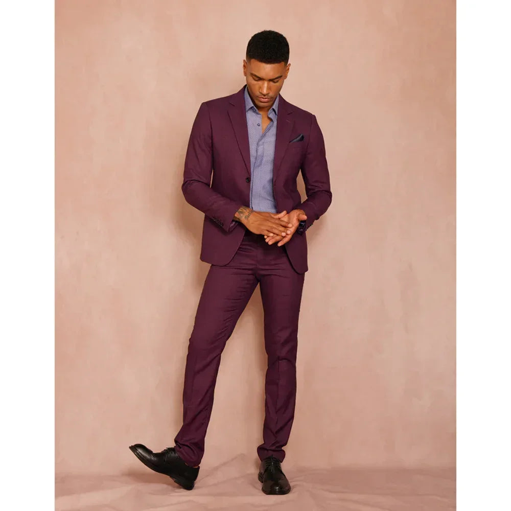Burgundy notch lapel men suit 2 piece wedding groom tuxedo blazer with pants business casual